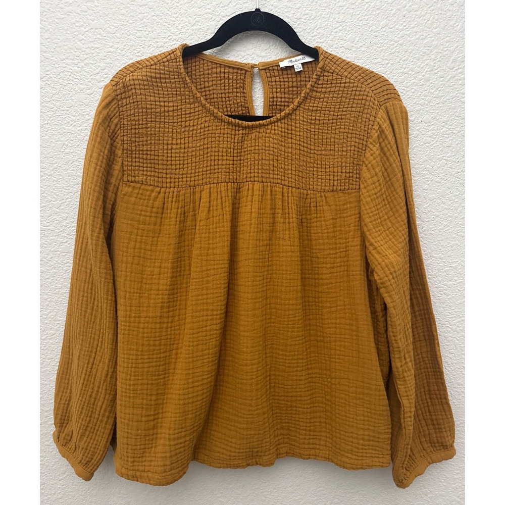 Madewell Smocked Swing Top Antique Gold Long Sleeve Size XL
